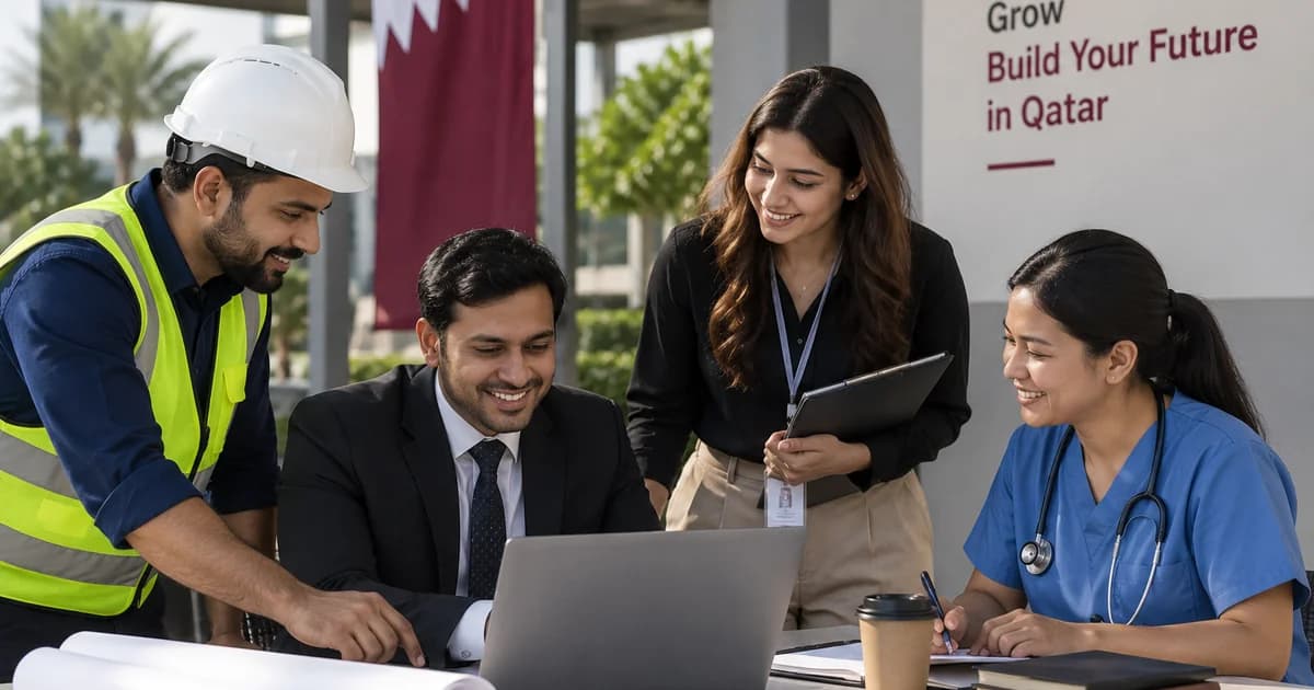 Professionals from different Qatar industries, including construction, business and healthcare, working together