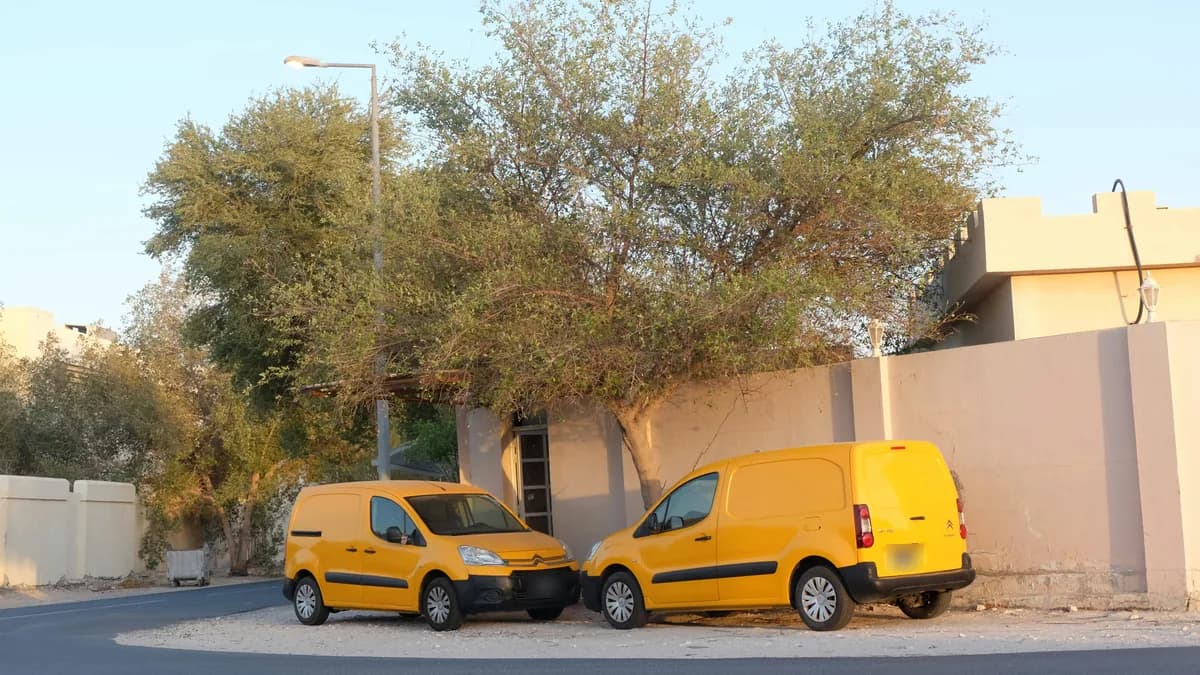 Two yellow panel vans parked beside a curved road in front of a beige boundary wall and leafy trees in Abu Hamour, Doha