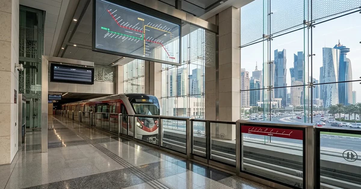 Doha Metro train at an elevated station platform with the Doha skyline in the background