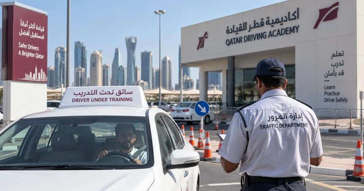 Driver under training in Qatar outside a driving academy with a traffic department official nearby
