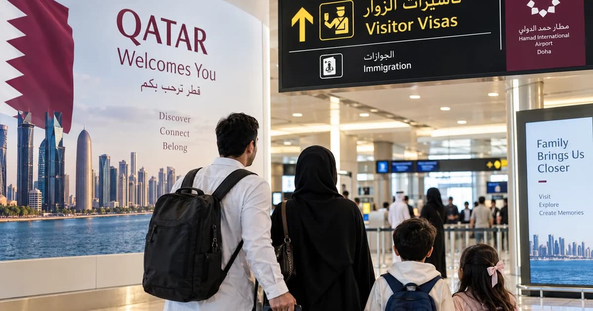 Family arriving at Hamad International Airport near the Visitor Visas and Immigration signage
