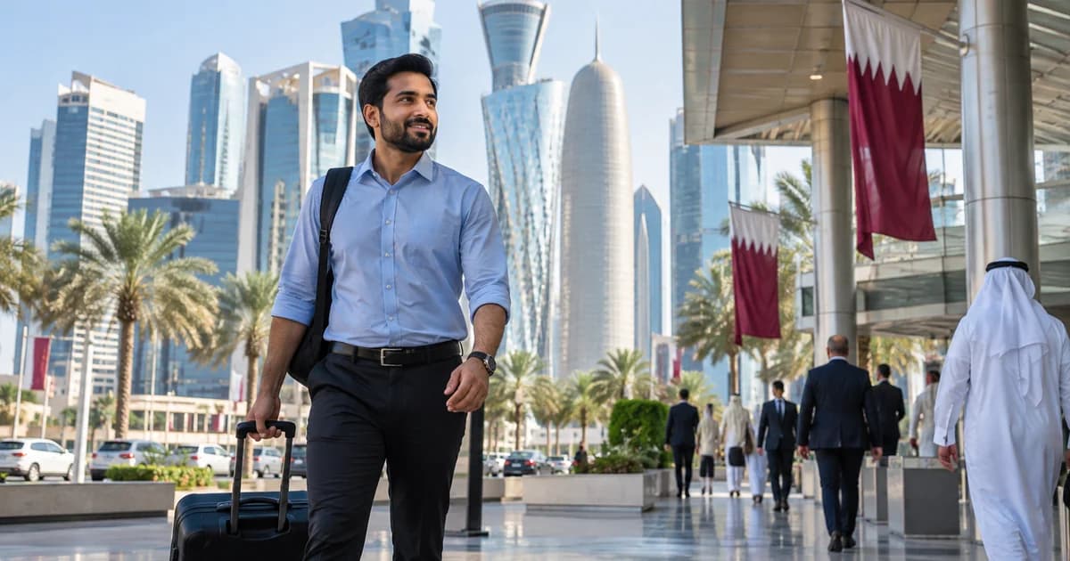 Professional arriving for work in Doha with the West Bay skyline in the background