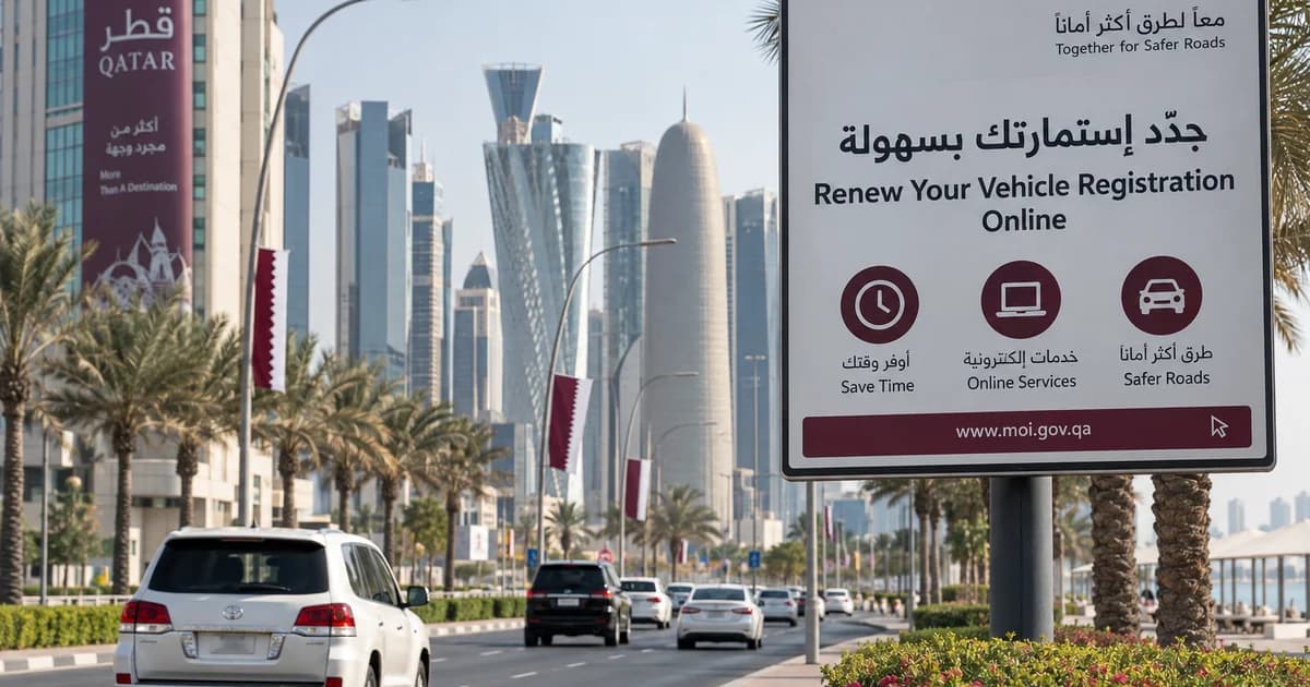 Doha street sign promoting online vehicle registration renewal in Qatar