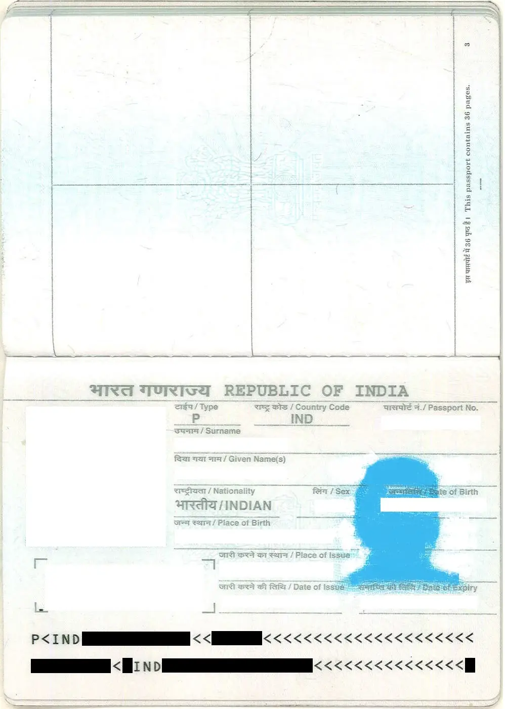 Blank Indian passport information page showing the fields recorded on a passport